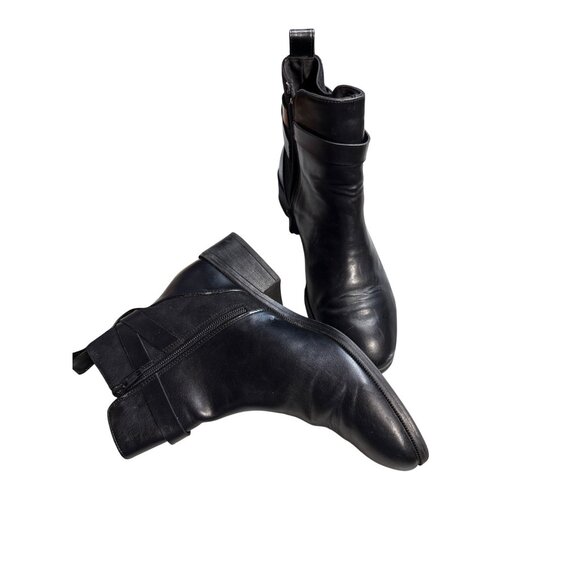H&M Black Ankle Boots Women Size 38 Faux Leather - Zip Closure, Buckle Strap, Lo - Picture 1 of 16